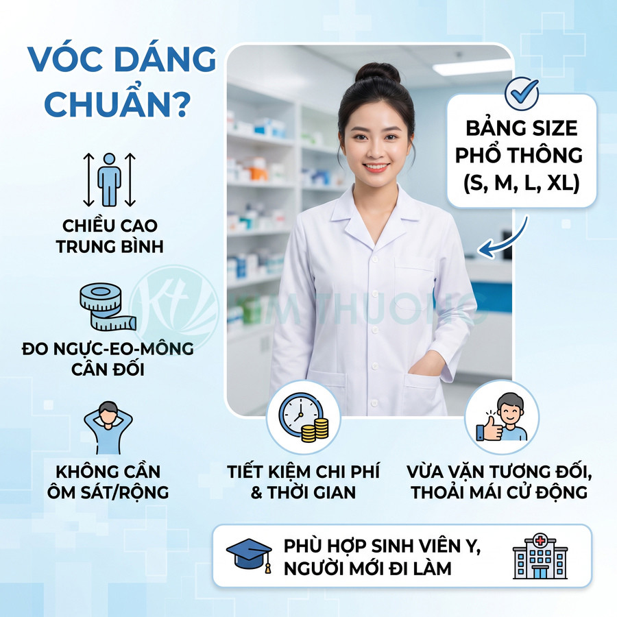 Áo blouse trắng với bảng size phổ thông S, M, L, XL, phù hợp sinh viên y và người mới đi làm