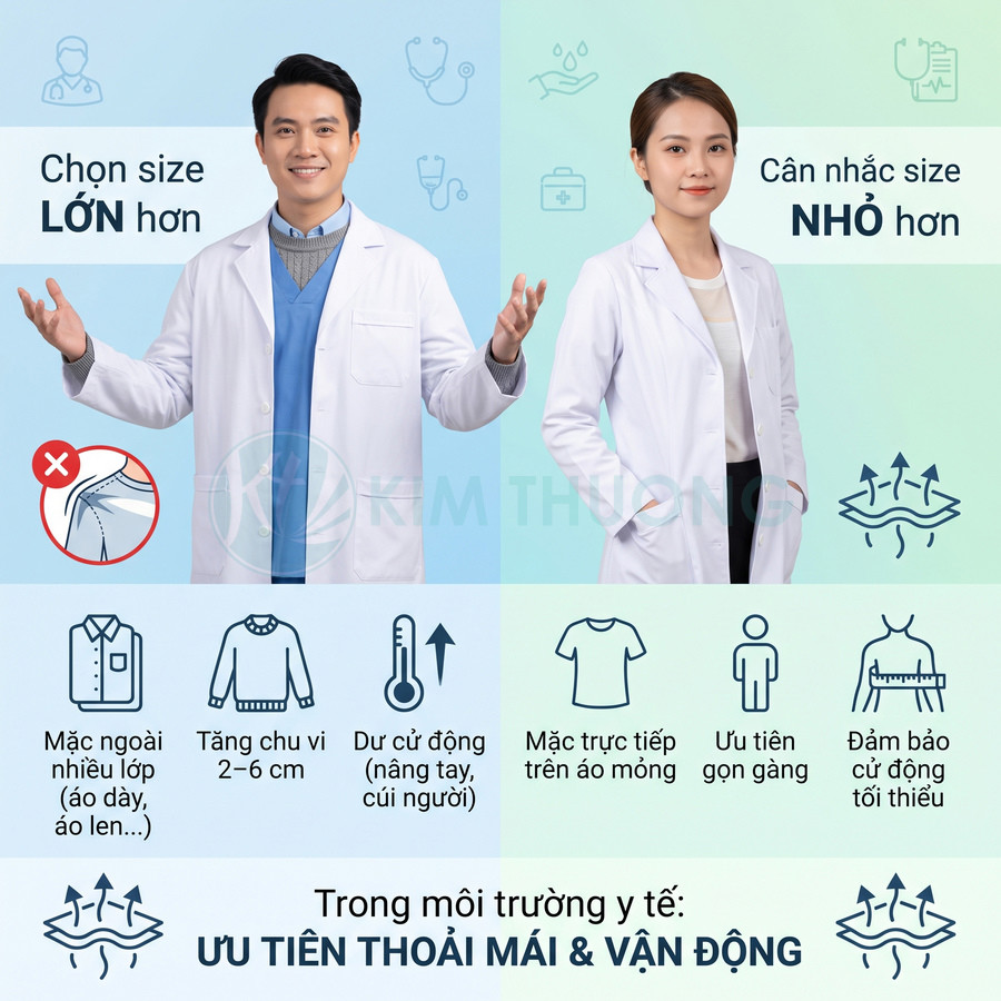 Hướng dẫn chọn size áo blouse y tế: chọn rộng hơn khi mặc nhiều lớp, ưu tiên vừa vặn khi mặc trực tiếp trên áo mỏng.