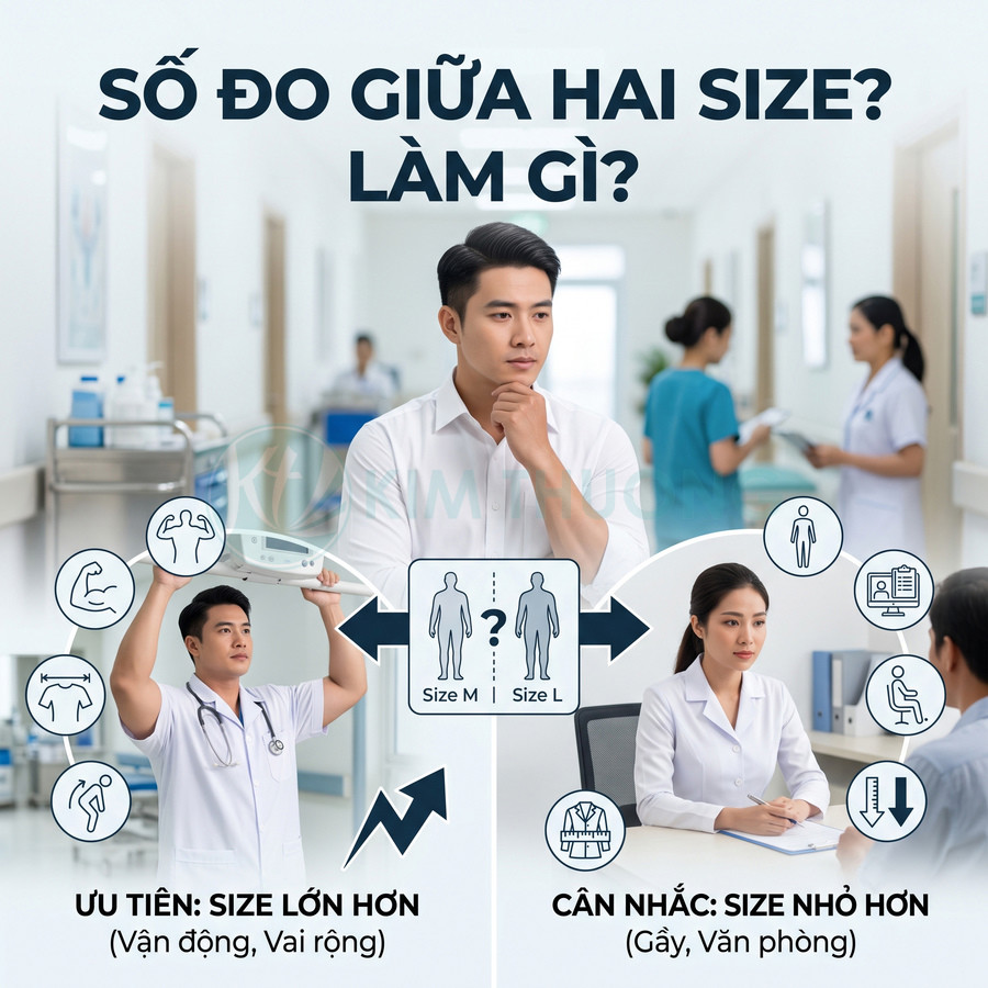 Hướng dẫn chọn size áo giữa hai kích cỡ cho người vận động nhiều hoặc làm việc văn phòng trong môi trường y tế