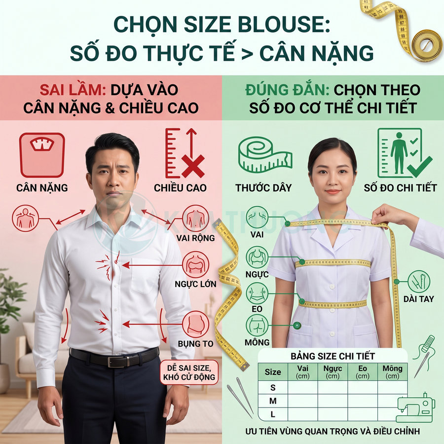 Hướng dẫn chọn size áo blouse y tế bằng số đo cơ thể chi tiết cho nam và nữ