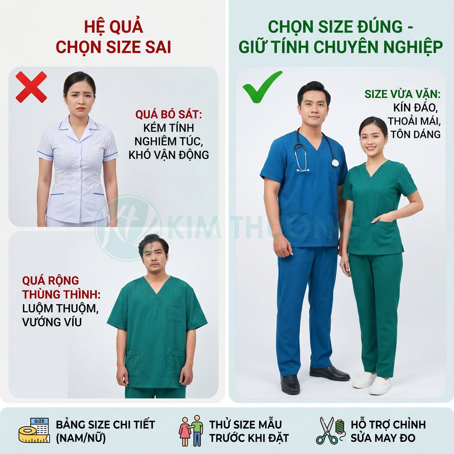 Nhân viên y tế mặc đồng phục bệnh viện size chuẩn đứng cạnh ví dụ đồng phục quá chật và quá rộng
