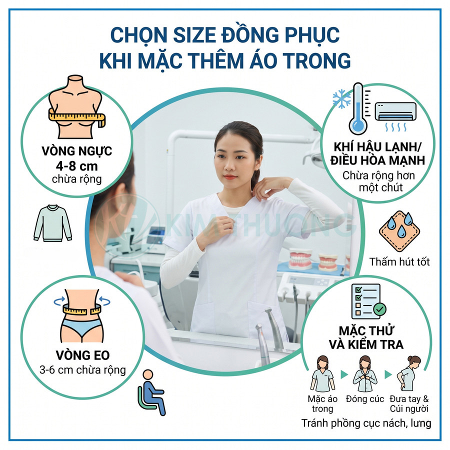 Nữ nhân viên y tế mặc thử áo đồng phục trắng dài tay trong phòng khám nha khoa