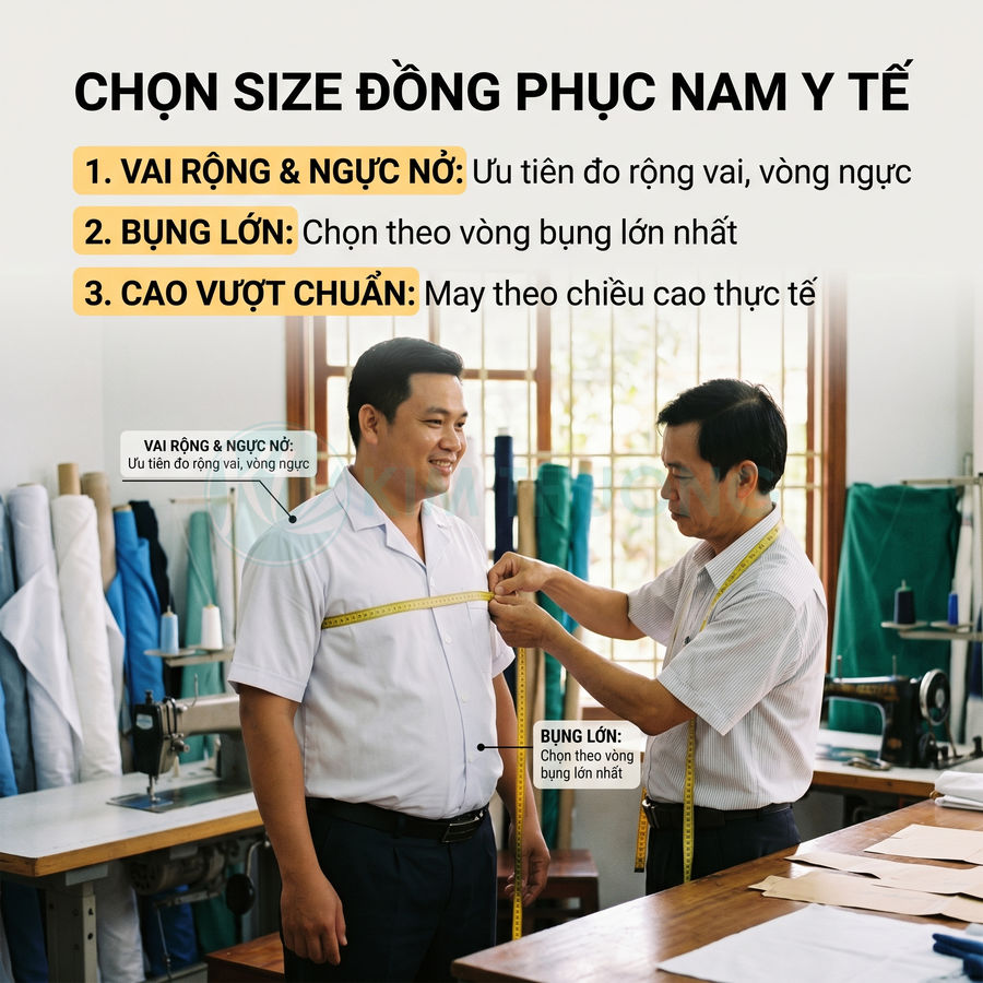 Thợ may đo số đo cho nam nhân viên y tế để chọn size đồng phục phù hợp