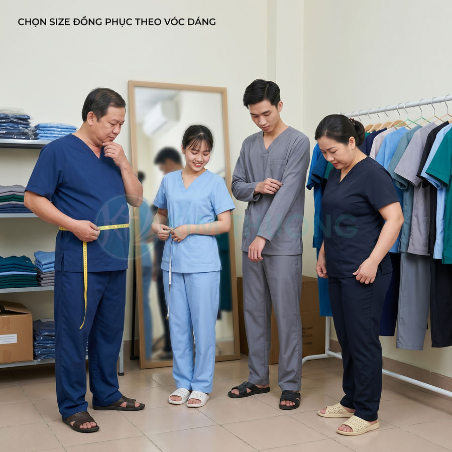 Nhân viên y tế thử size đồng phục bệnh viện nhiều màu trong phòng đo chuyên dụng