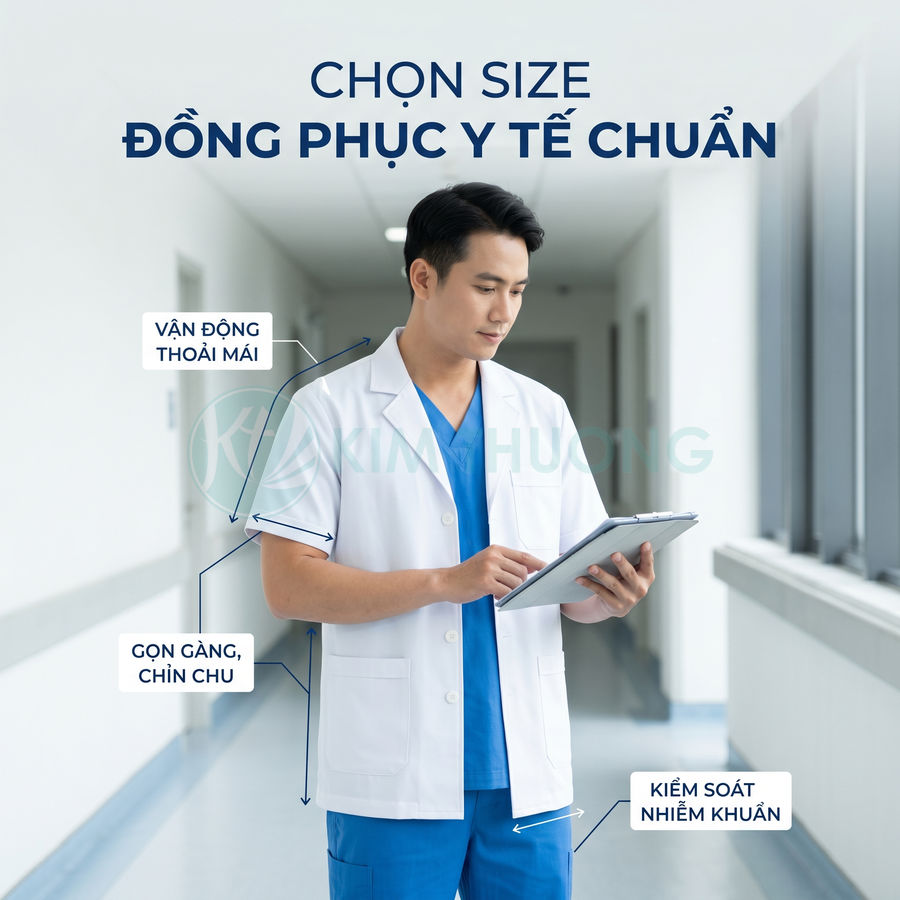 Bác sĩ nam mặc đồng phục y tế màu xanh khoác áo blouse trắng đang xem hồ sơ trên máy tính bảng