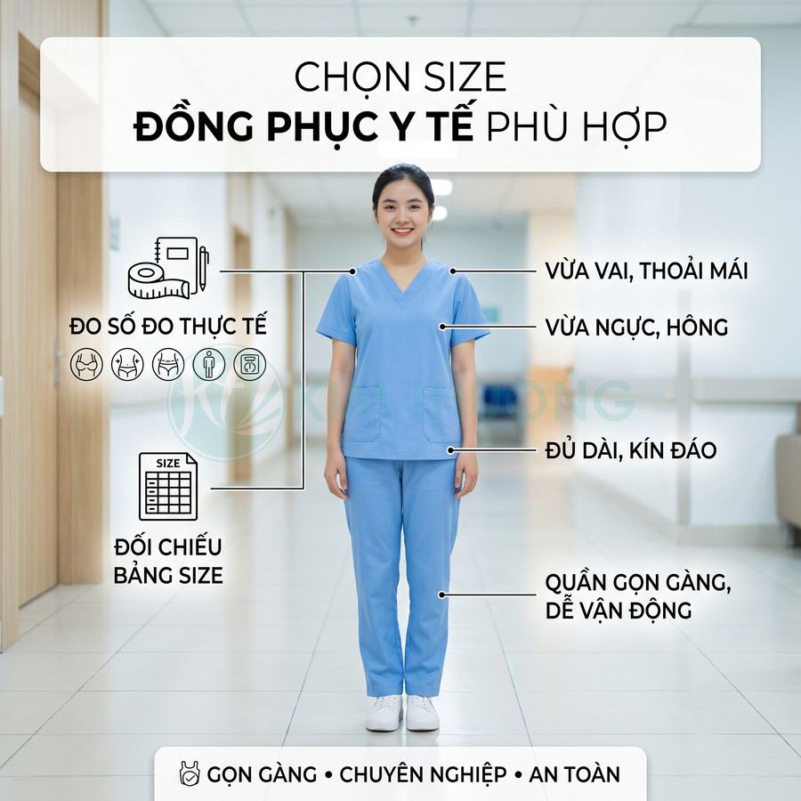 Nhân viên y tế mặc đồng phục y tế màu xanh dương đứng trong hành lang bệnh viện