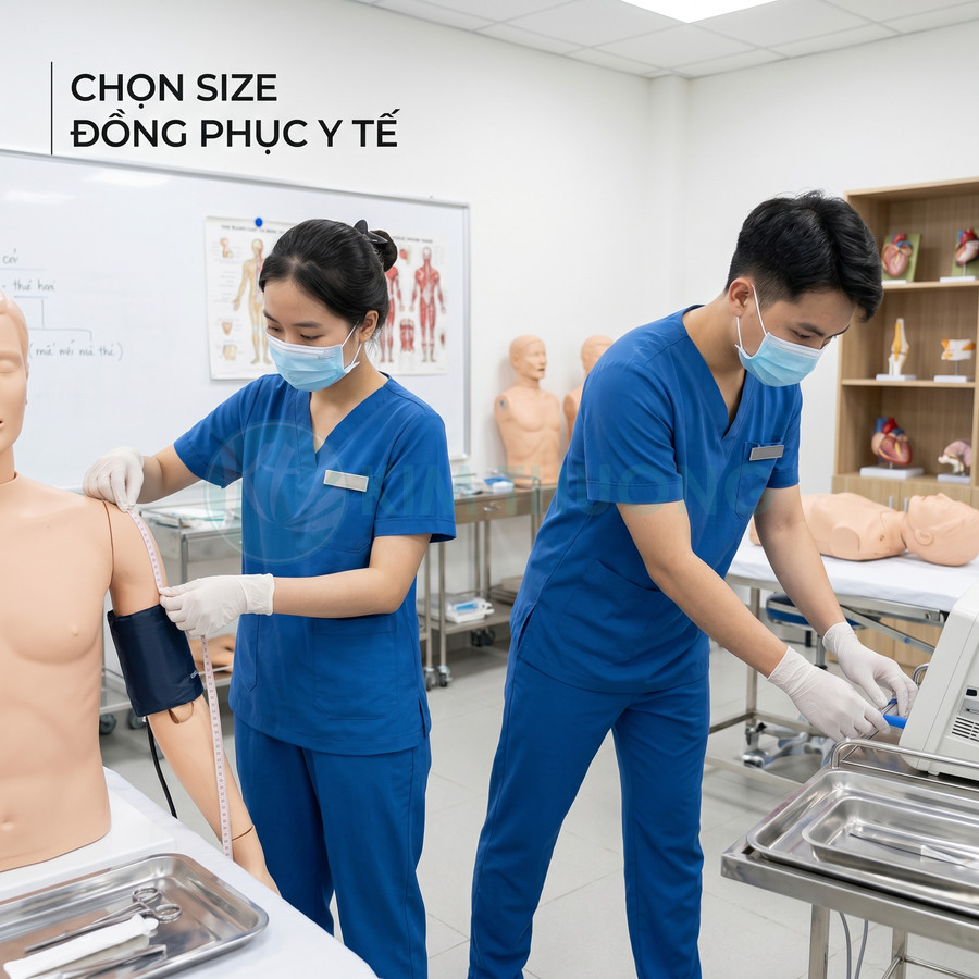 Sinh viên y khoa mặc đồng phục y tế màu xanh thực hành đo huyết áp trên mô hình manocanh