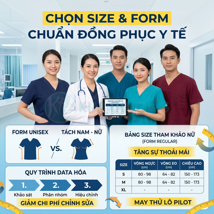 Nhóm bác sĩ y tá mặc đồng phục y tế nhiều màu đứng trong bệnh viện, giới thiệu bảng size đồng phục
