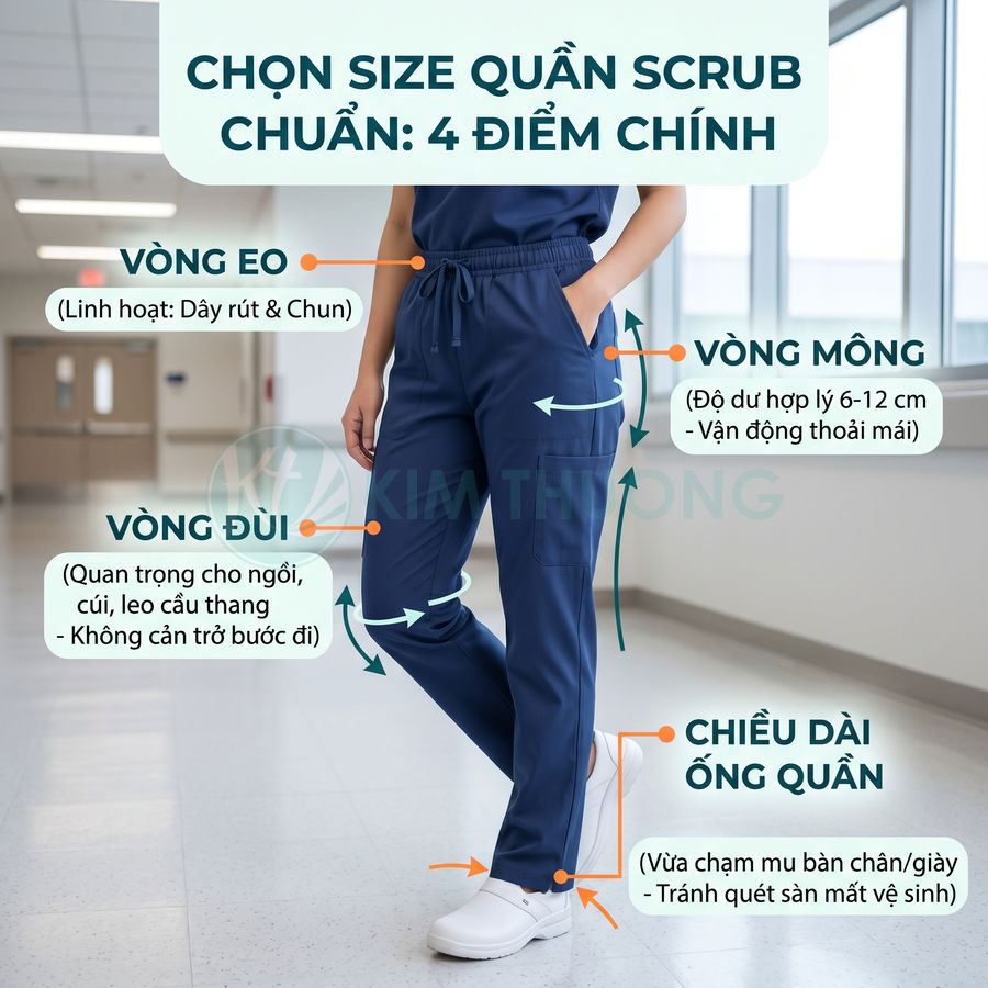 Quần scrub y tế màu xanh navy với dây rút chun, hướng dẫn chọn size theo eo mông đùi và chiều dài ống quần