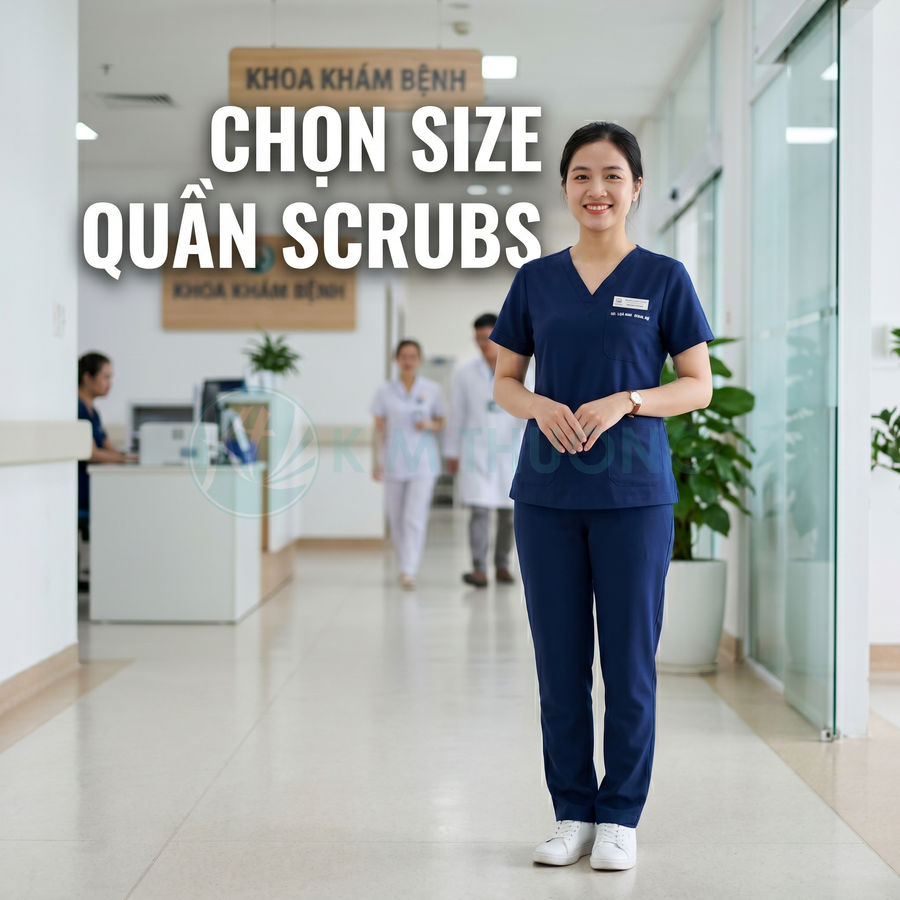 Nữ y tá mặc bộ quần áo scrubs màu xanh navy đứng trong hành lang bệnh viện