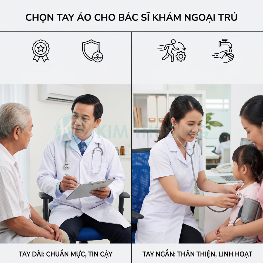 Áo blouse bác sĩ tay dài và tay ngắn cho khám ngoại trú, bác sĩ đang thăm khám bệnh nhân người lớn và trẻ em