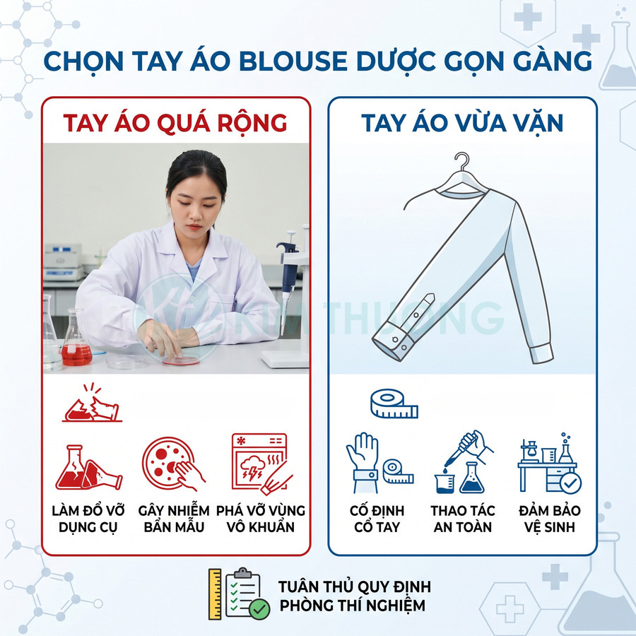 Hướng dẫn chọn tay áo blouse dược vừa vặn cho phòng thí nghiệm, so sánh tay áo quá rộng và tay áo ôm gọn gàng
