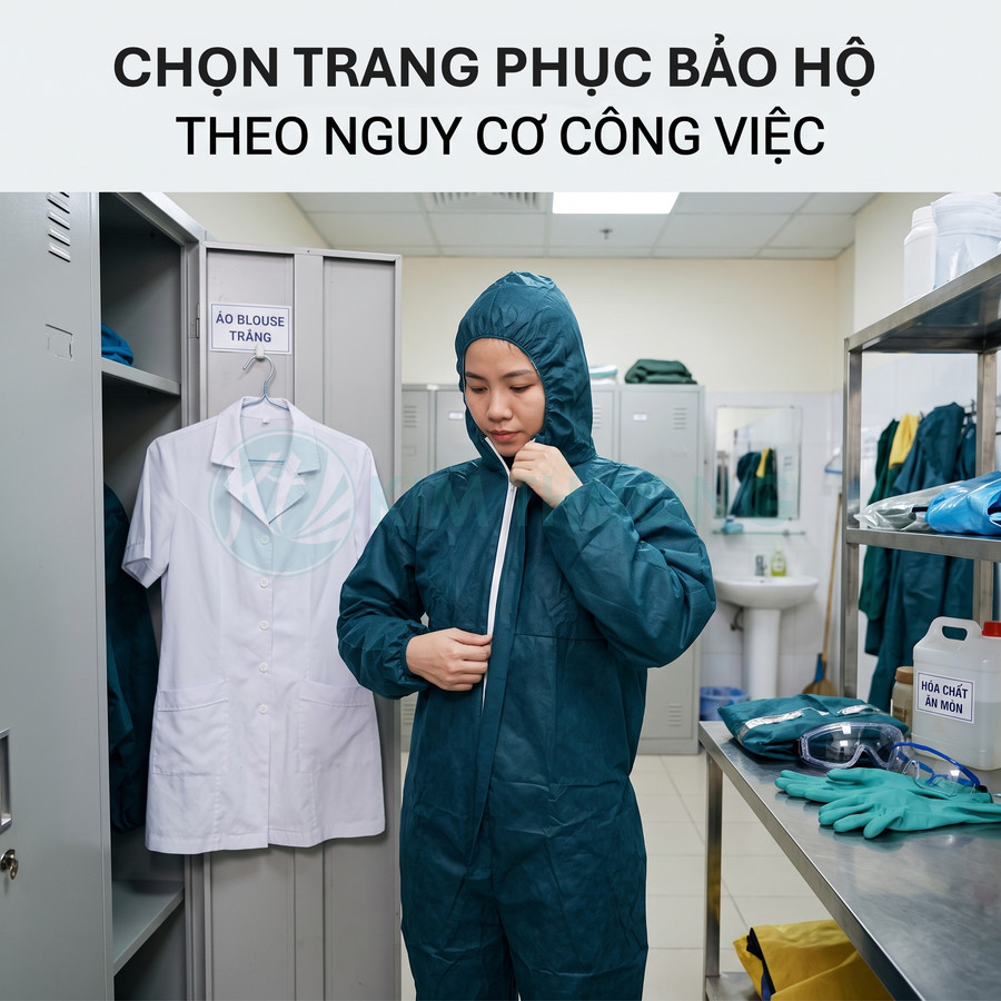 Nhân viên phòng thí nghiệm mặc bộ đồ bảo hộ liền thân màu xanh trong phòng làm việc có găng tay và kính bảo hộ