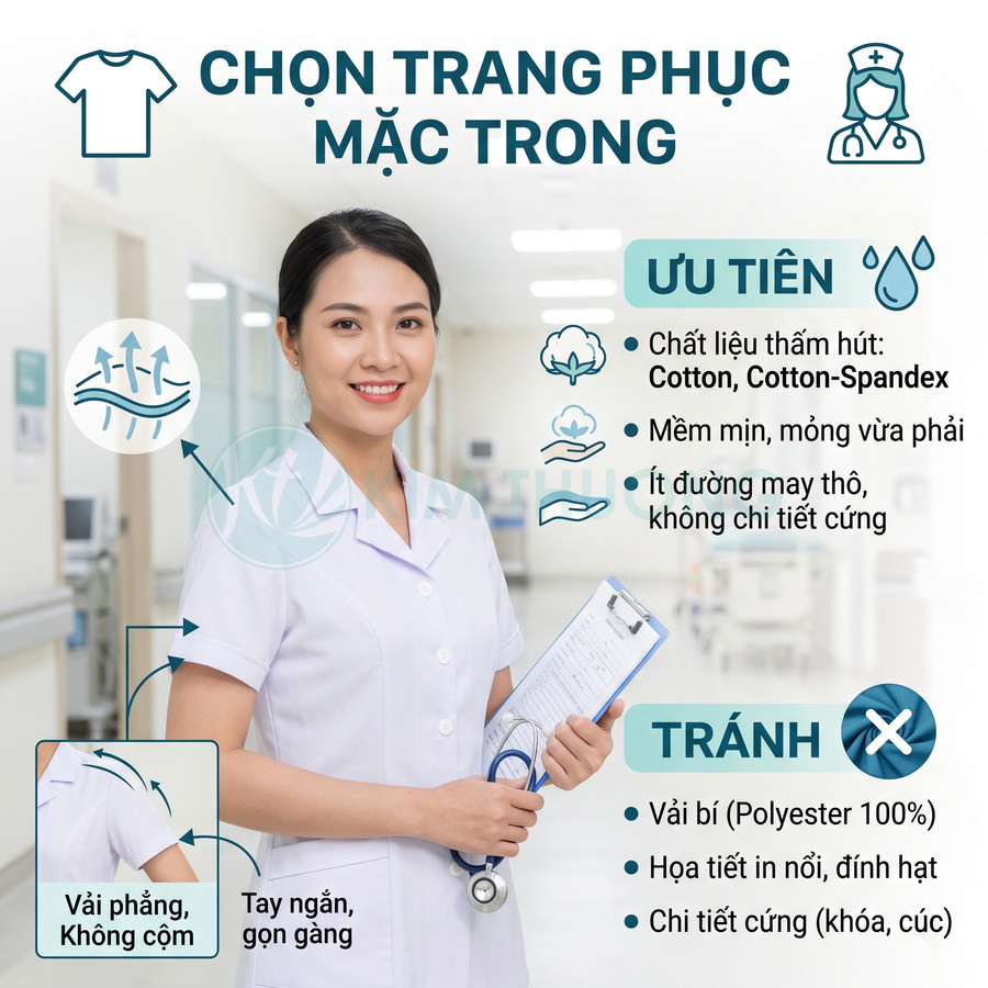 Nữ y tá mặc đồng phục blouse trắng tay ngắn cầm bảng hồ sơ trong hành lang bệnh viện