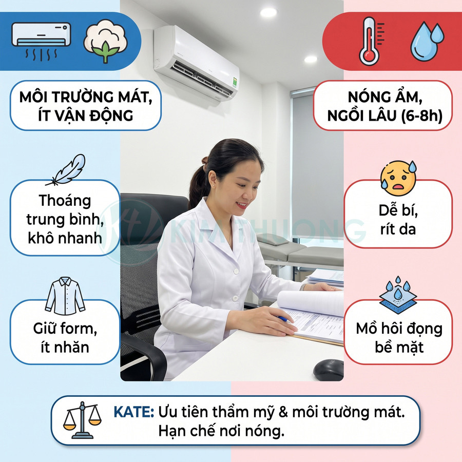 KATE phù hợp môi trường mát, thoáng khí và giữ form tốt; hạn chế mặc lâu ở nơi nóng ẩm dễ gây bí và đọng mồ hôi.