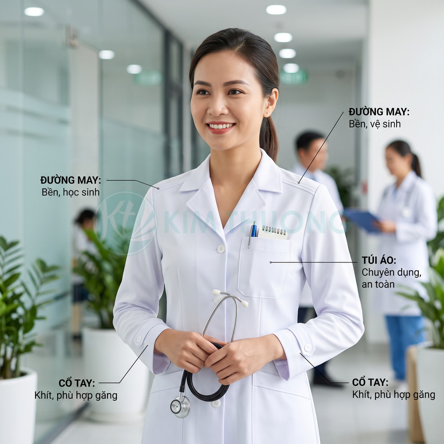 Áo blouse bác sĩ nữ màu trắng thiết kế chuyên dụng với túi áo và đường may bền đẹp trong bệnh viện