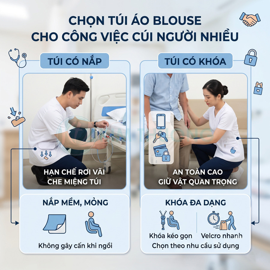 Nhân viên y tế mặc áo blouse có túi nắp và túi khóa kéo tiện lợi khi cúi người chăm sóc bệnh nhân
