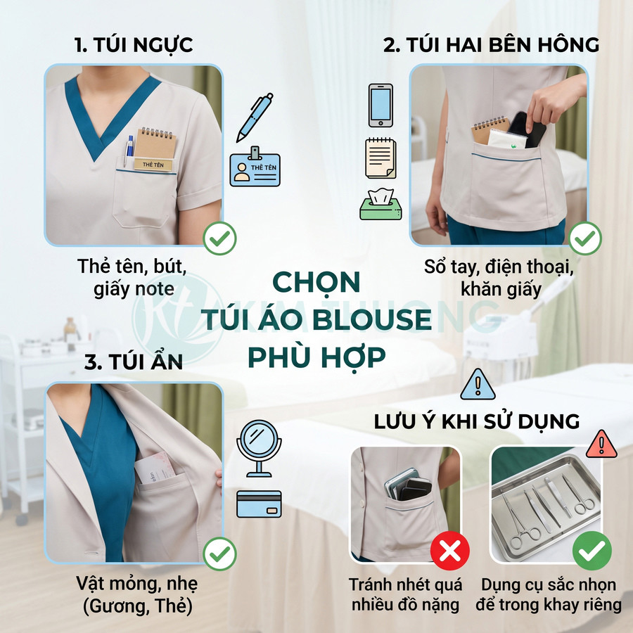 Hướng dẫn chọn túi áo blouse y tế phù hợp để đựng thẻ tên, bút, sổ tay, điện thoại và vật dụng nhẹ