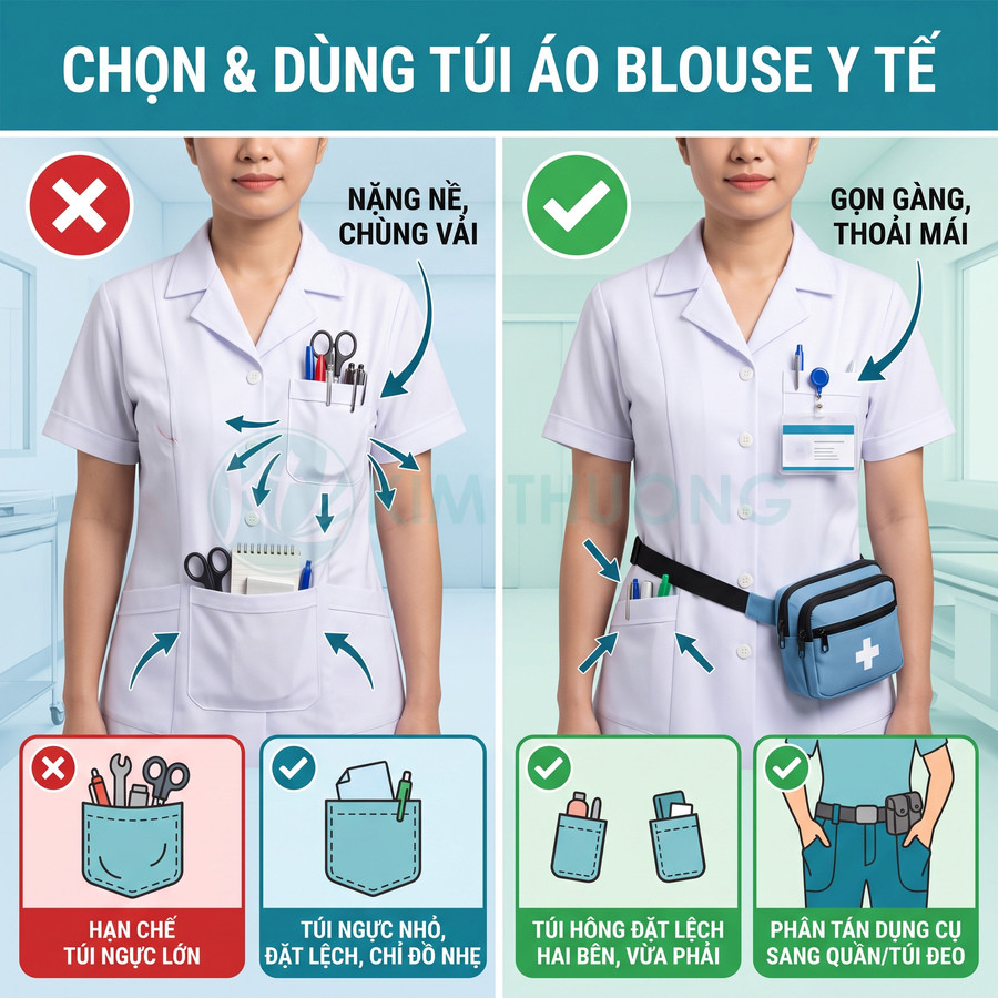 Hướng dẫn sử dụng túi áo blouse y tế gọn gàng với túi hông và túi quần đựng dụng cụ