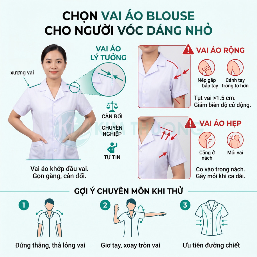 Hướng dẫn chọn vai áo blouse trắng cho người vóc dáng nhỏ, mẫu áo y khoa nữ gọn gàng cân đối