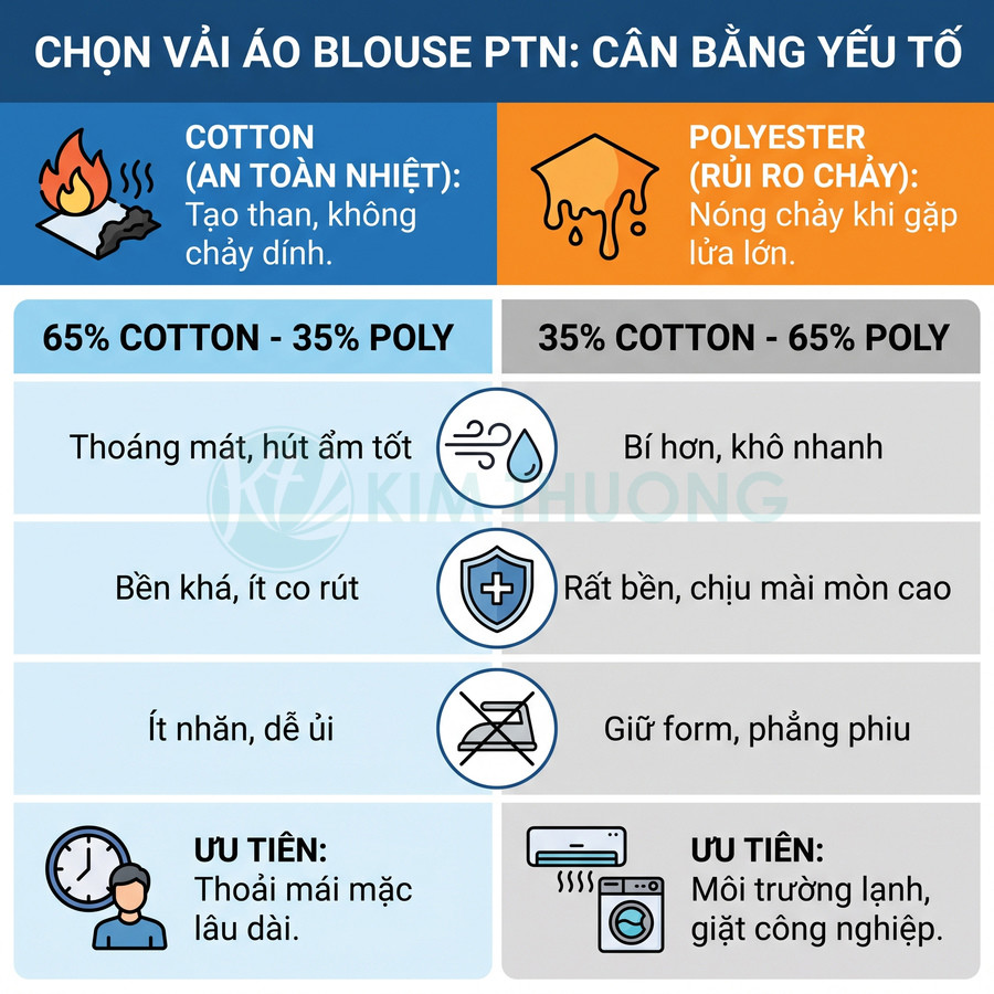 So sánh vải áo blouse PTN pha cotton và polyester về độ thoáng mát, độ bền và khả năng giữ form