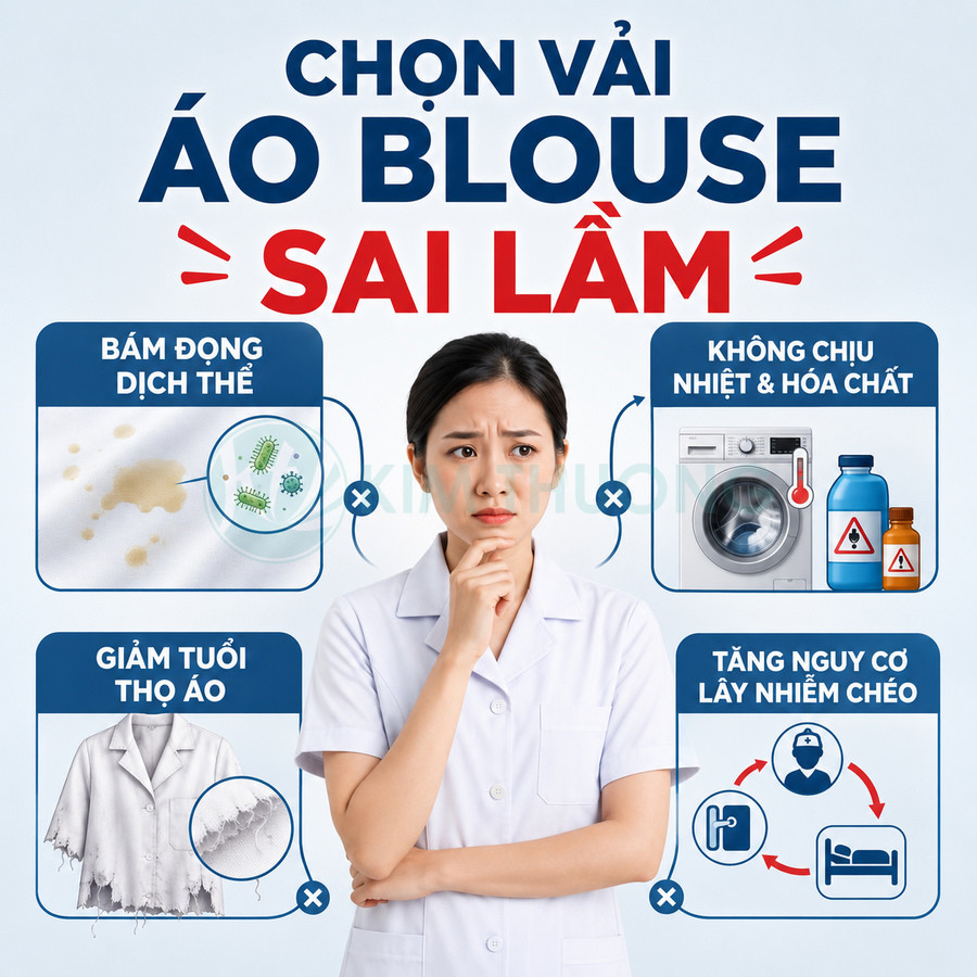 Nữ nhân viên y tế mặc áo blouse trắng lo lắng trước các cảnh báo chọn sai vải áo blouse