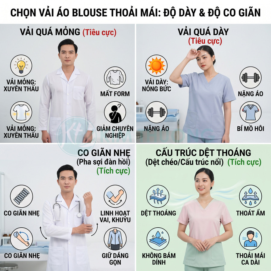 So sánh áo blouse và đồ scrub y khoa với các loại vải mỏng, dày, co giãn nhẹ và dệt thoáng cho cảm giác thoải mái