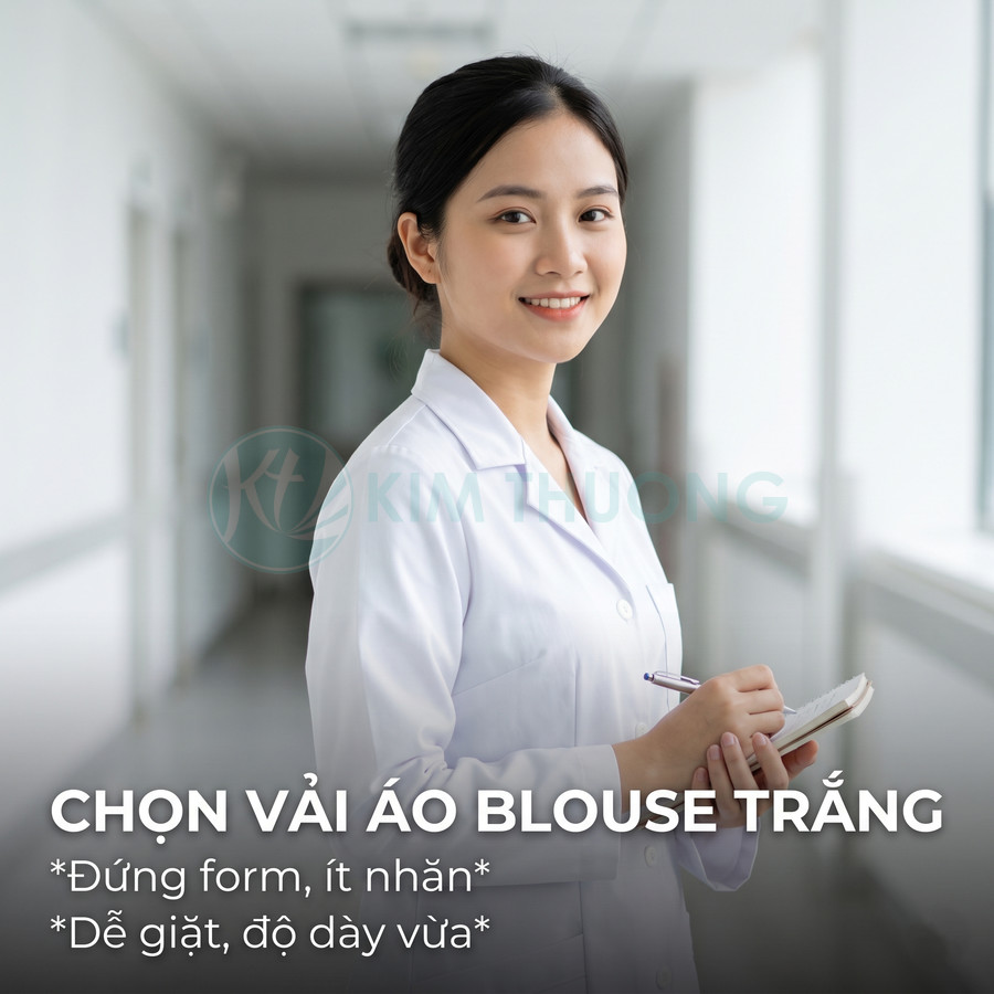 Nữ nhân viên y tế mặc áo blouse trắng đứng trong hành lang bệnh viện, tay cầm sổ ghi chép