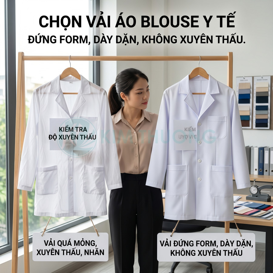Nhân viên so sánh hai áo blouse y tế, minh họa vải quá mỏng và vải dày dặn không xuyên thấu