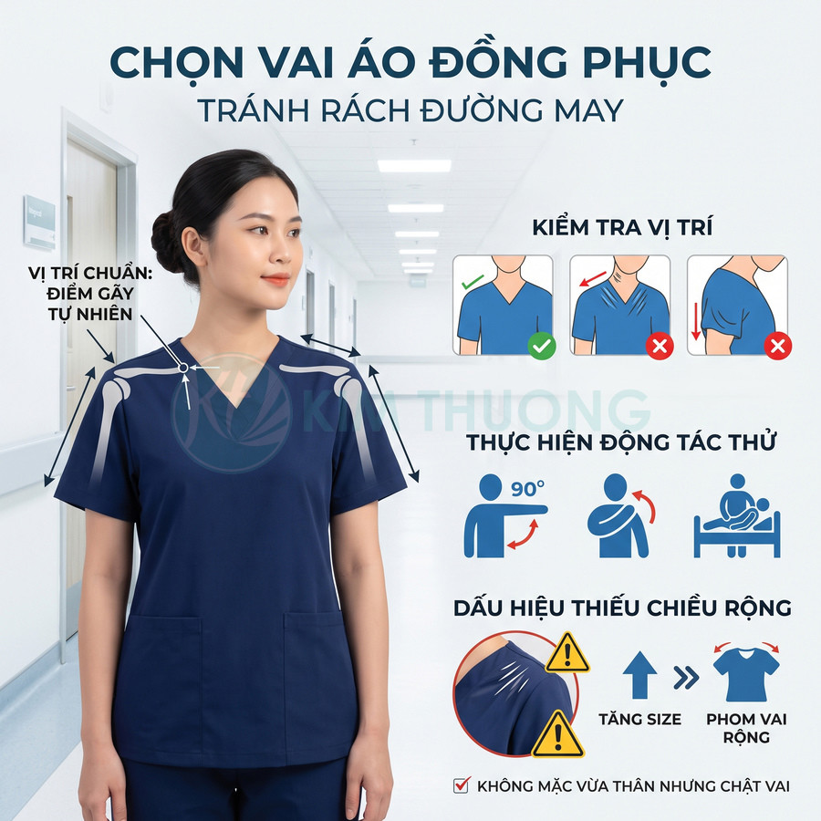 Nữ nhân viên y tế mặc áo đồng phục màu xanh navy đứng trong hành lang bệnh viện, minh họa chọn vai áo đúng size