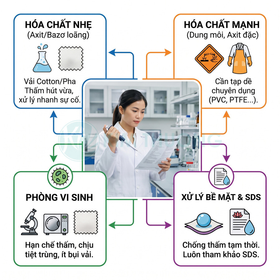 Hướng dẫn lựa chọn vải phòng thí nghiệm theo hóa chất nhẹ, hóa chất mạnh, yêu cầu vi sinh và xử lý bề mặt, SDS