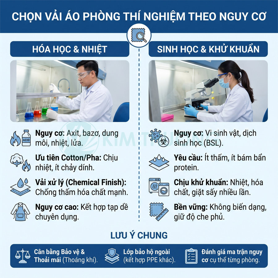 Hướng dẫn chọn vải áo phòng thí nghiệm theo nguy cơ hóa chất, nhiệt, vi sinh vật và yêu cầu khử khuẩn