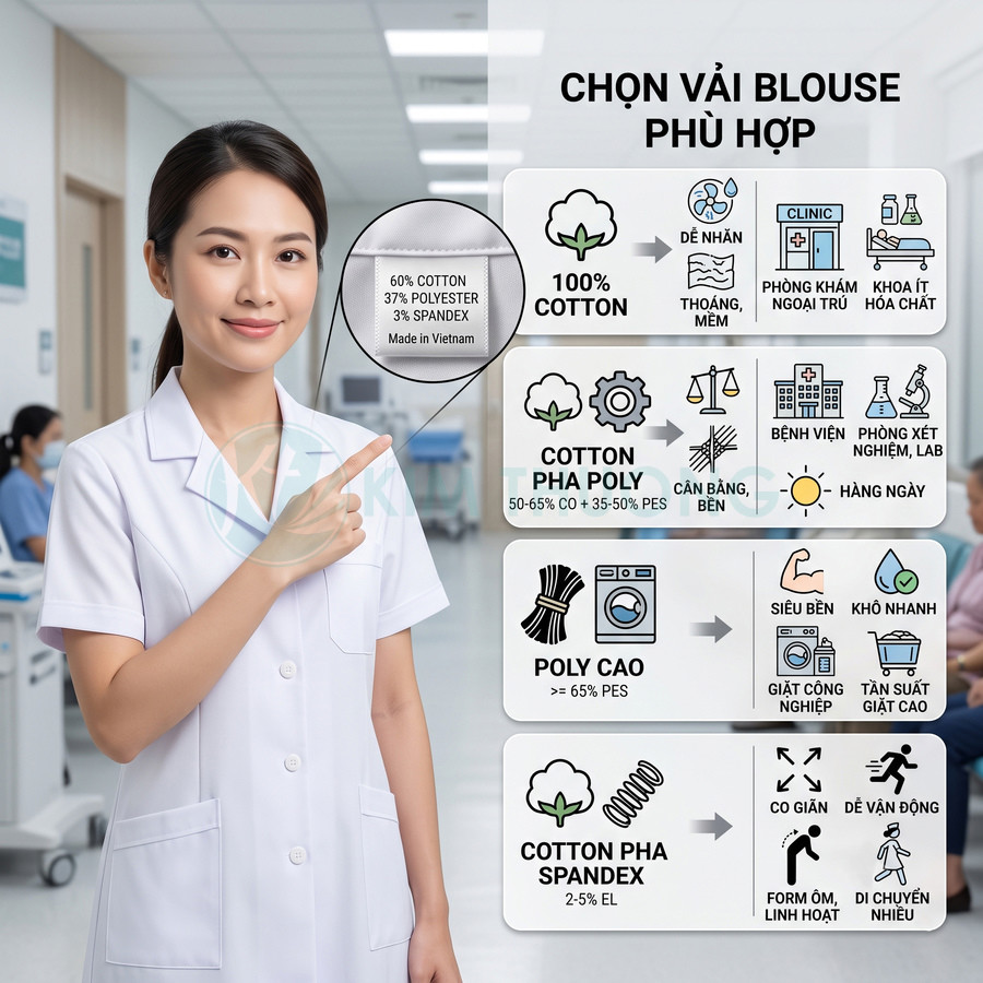 Nữ nhân viên y tế mặc áo blouse trắng đứng trong bệnh viện, giới thiệu các loại vải cotton, poly và spandex cho áo blouse