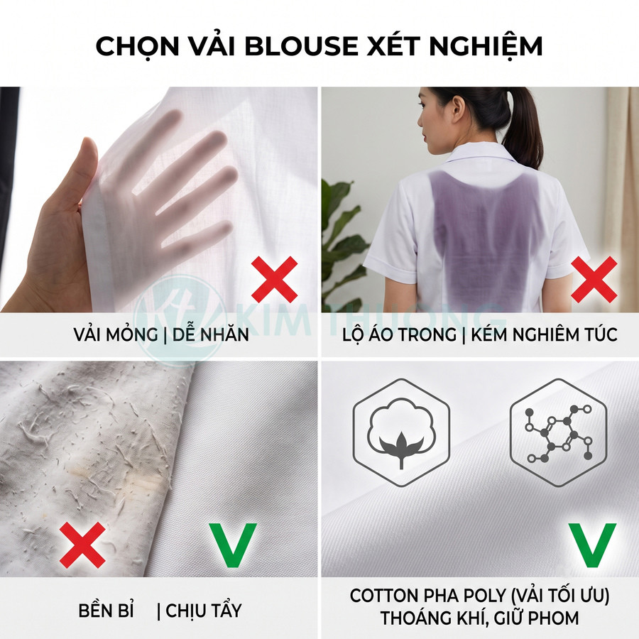 Hướng dẫn chọn vải áo blouse xét nghiệm, so sánh vải mỏng dễ nhăn với vải cotton pha poly bền đẹp