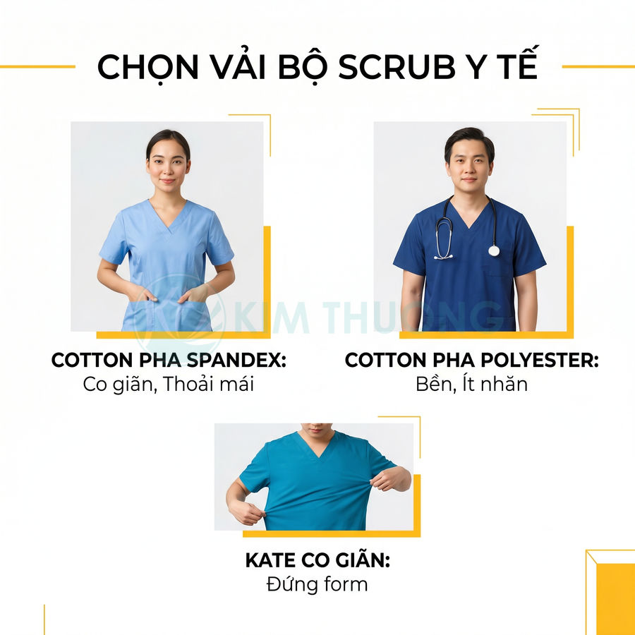 Các loại vải may bộ scrub y tế cotton pha spandex, cotton pha polyester và kate co giãn cho bác sĩ, y tá