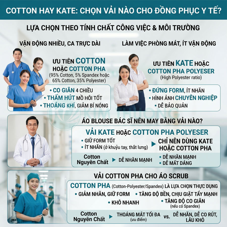 Infographic so sánh vải cotton và kate cho đồng phục y tế, áo blouse bác sĩ và áo scrub cho nhân viên y khoa
