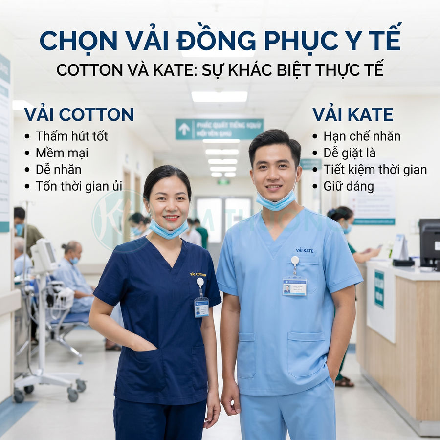 Nhân viên y tế mặc đồng phục vải cotton và vải kate màu xanh trong bệnh viện, so sánh ưu điểm từng loại vải