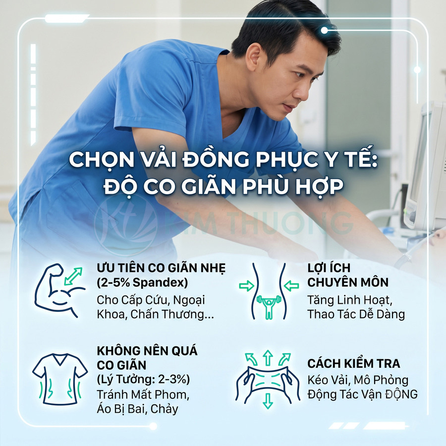 Nam nhân viên y tế mặc đồng phục scrub xanh dương đang làm việc, minh họa cách chọn vải đồng phục co giãn phù hợp