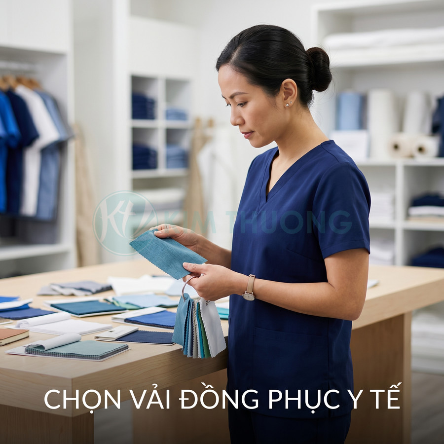 Nhân viên mặc đồ scrubs xanh đang chọn mẫu vải may đồng phục y tế trên bàn trưng bày