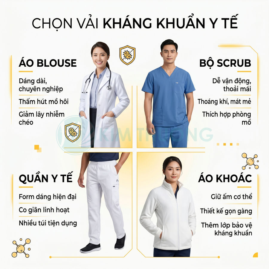 Trang phục y tế kháng khuẩn gồm áo blouse, bộ scrub, quần y tế và áo khoác cho bác sĩ, điều dưỡng