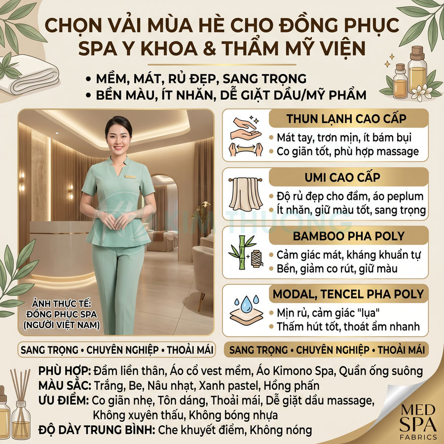 Đồng phục spa màu xanh pastel cho nhân viên nữ đứng trong sảnh thẩm mỹ viện sang trọng