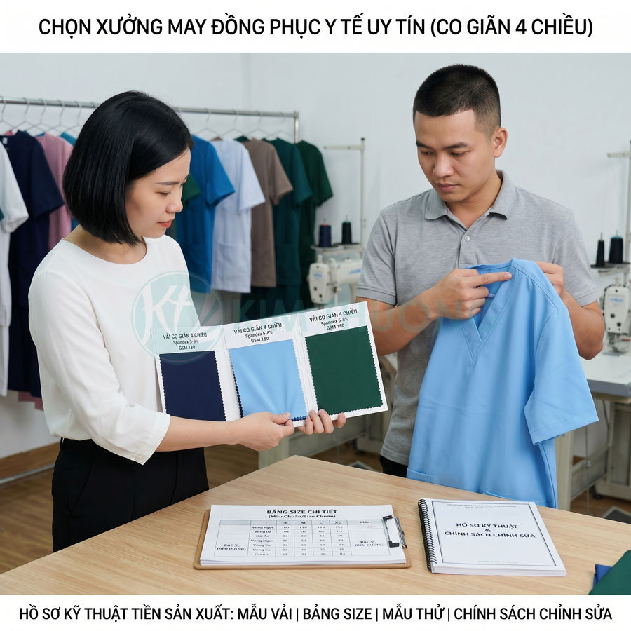 Nhân viên tư vấn chọn mẫu vải và màu sắc cho đồng phục y tế co giãn 4 chiều trong xưởng may
