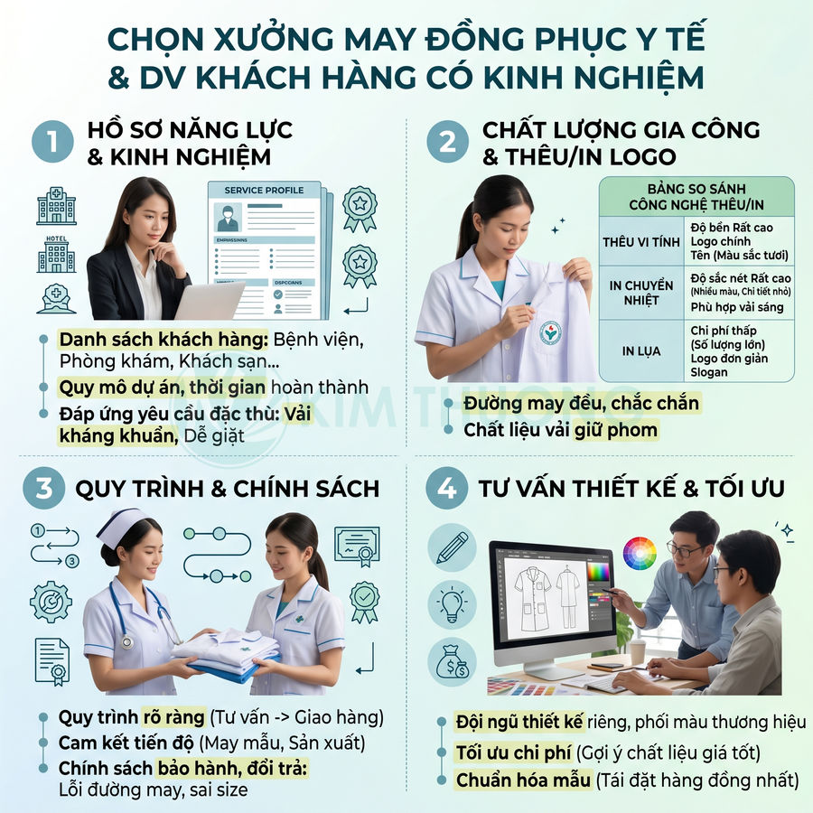 Infographic hướng dẫn chọn xưởng may đồng phục y tế chuyên nghiệp với hình ảnh nhân viên mặc áo blouse trắng