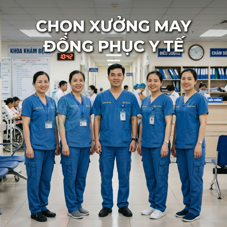 Nhóm bác sĩ y tá mặc đồng phục y tế màu xanh dương đứng trong bệnh viện