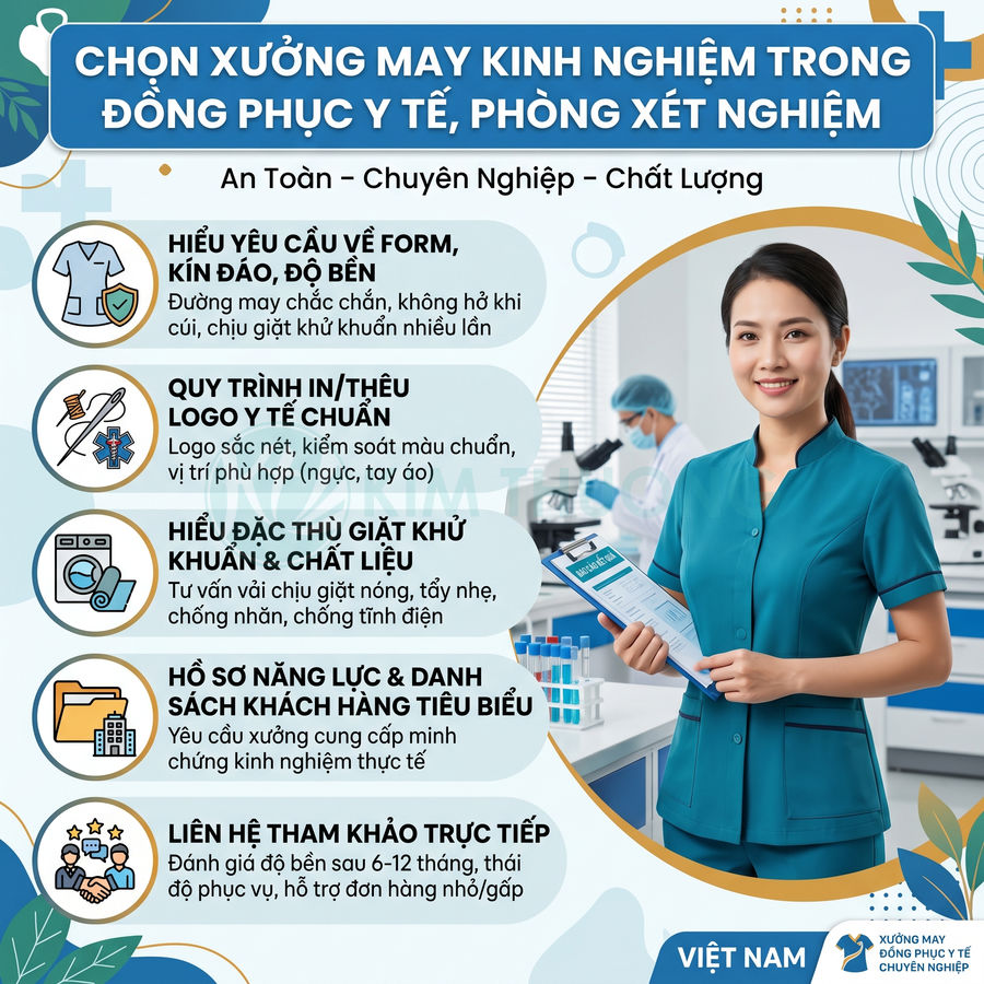 Nữ nhân viên y tế mặc đồng phục phòng xét nghiệm màu xanh dương cầm bảng tài liệu trong phòng lab hiện đại