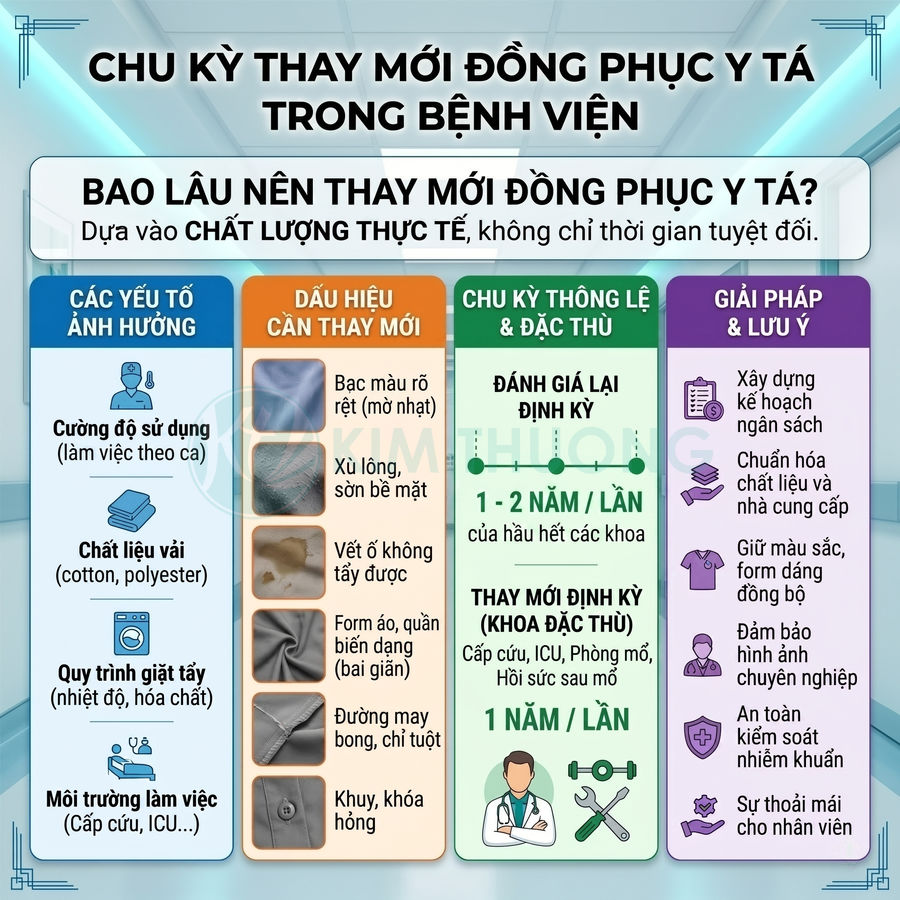 Infographic chu kỳ thay mới đồng phục y tá trong bệnh viện và các yếu tố ảnh hưởng chất lượng đồng phục