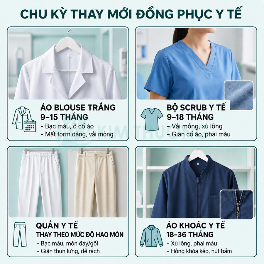 Các loại đồng phục y tế gồm áo blouse trắng, bộ scrub xanh, quần y tế và áo khoác y tế treo trên móc