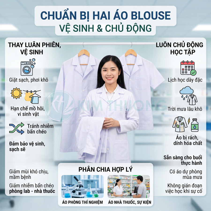 Nữ sinh mặc áo blouse trắng cầm thêm áo blouse dự phòng, phía sau treo hai áo blouse trong phòng thí nghiệm