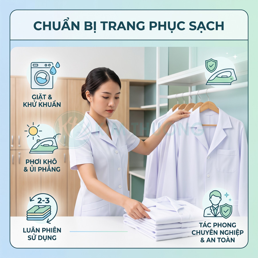 Nhân viên y tế gấp và treo áo blouse trắng sạch sẽ trong phòng thay đồ bệnh viện