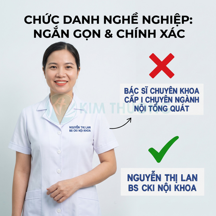 Bác sĩ nội khoa Nguyễn Thị Lan mặc áo blouse trắng với hướng dẫn ghi chức danh ngắn gọn chính xác